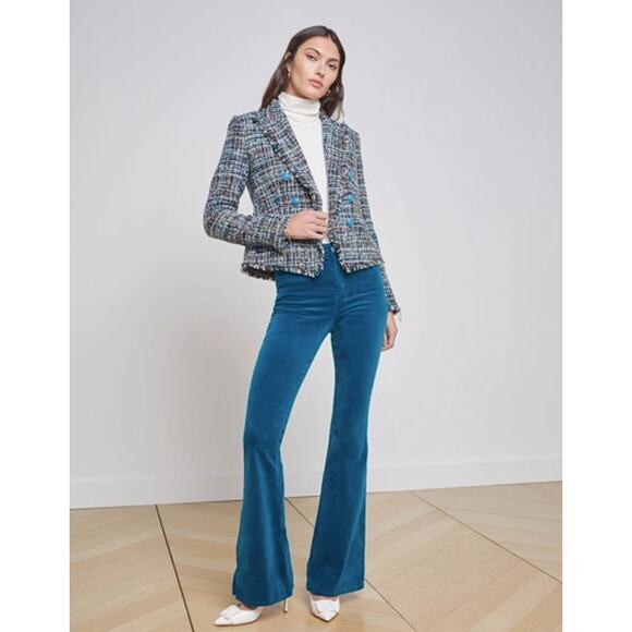 L'Agence Brooke Double Breasted Fringe Tweed Open Front Blazer Blue Multi 10 - Picture 3 of 8